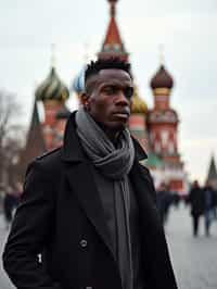 sharp and trendy man in Moscow wearing a stylish coat and scarf, Saint Basil's Cathedral in the background