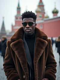 sharp and trendy man in Moscow wearing a faux fur coat, Kremlin in the background