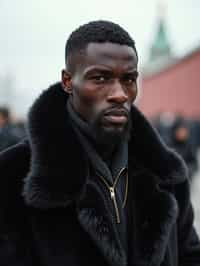 sharp and trendy man in Moscow wearing a faux fur coat, Kremlin in the background