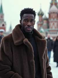 sharp and trendy man in Moscow wearing a faux fur coat, Kremlin in the background