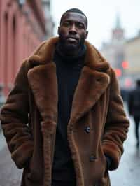 sharp and trendy man in Moscow wearing a faux fur coat, Kremlin in the background