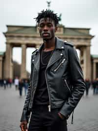 sharp and trendy man in Berlin wearing a punk-inspired outfit, Brandenburg Gate in the background