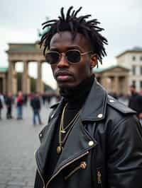 sharp and trendy man in Berlin wearing a punk-inspired outfit, Brandenburg Gate in the background