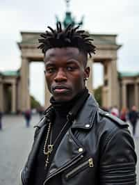 sharp and trendy man in Berlin wearing a punk-inspired outfit, Brandenburg Gate in the background