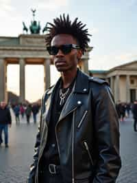 sharp and trendy man in Berlin wearing a punk-inspired outfit, Brandenburg Gate in the background