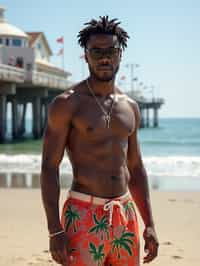 sharp and trendy man in Los Angeles wearing a trendy beach outfit, Santa Monica pier in the background