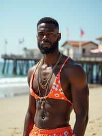 sharp and trendy man in Los Angeles wearing a trendy beach outfit, Santa Monica pier in the background