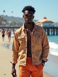 sharp and trendy man in Los Angeles wearing a trendy beach outfit, Santa Monica pier in the background