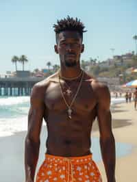 sharp and trendy man in Los Angeles wearing a trendy beach outfit, Santa Monica pier in the background