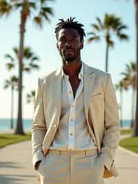 sharp and trendy man in Los Angeles wearing a summer dress/linen suit, palm trees in the background