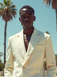 sharp and trendy man in Los Angeles wearing a summer dress/linen suit, palm trees in the background