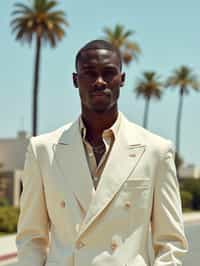 sharp and trendy man in Los Angeles wearing a summer dress/linen suit, palm trees in the background