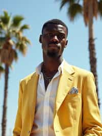 sharp and trendy man in Los Angeles wearing a summer dress/linen suit, palm trees in the background