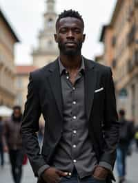 sharp and trendy man in Milan wearing a fashionable blazer and jeans, Duomo di Milano in the background