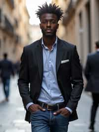 sharp and trendy man in Milan wearing a fashionable blazer and jeans, Duomo di Milano in the background