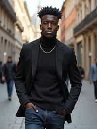 sharp and trendy man in Milan wearing a fashionable blazer and jeans, Duomo di Milano in the background