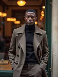 sharp and trendy man in Milan wearing high fashion attire in front of a classic Italian café