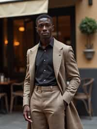 sharp and trendy man in Milan wearing high fashion attire in front of a classic Italian café