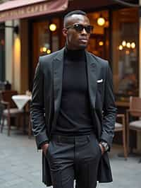 sharp and trendy man in Milan wearing high fashion attire in front of a classic Italian café