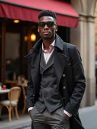 sharp and trendy man in Milan wearing high fashion attire in front of a classic Italian café