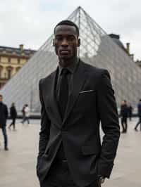 sharp and trendy man in Paris wearing a chic black dress/suit, Louvre pyramid in the background