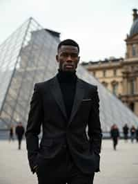 sharp and trendy man in Paris wearing a chic black dress/suit, Louvre pyramid in the background