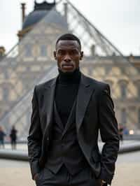 sharp and trendy man in Paris wearing a chic black dress/suit, Louvre pyramid in the background