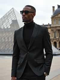 sharp and trendy man in Paris wearing a chic black dress/suit, Louvre pyramid in the background