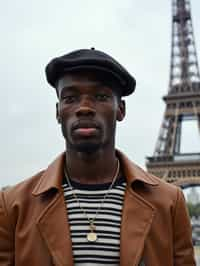 sharp and trendy man in Paris, wearing a beret and striped top, Eiffel Tower in the background