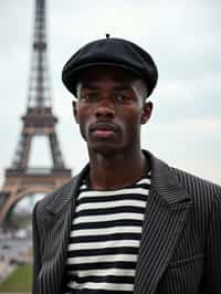 sharp and trendy man in Paris, wearing a beret and striped top, Eiffel Tower in the background