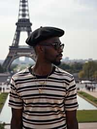 sharp and trendy man in Paris, wearing a beret and striped top, Eiffel Tower in the background