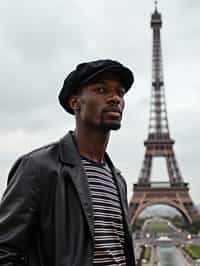 sharp and trendy man in Paris, wearing a beret and striped top, Eiffel Tower in the background