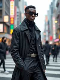 sharp and trendy man in Tokyo wearing a futuristic outfit, Shibuya crossing in the background