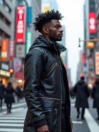 sharp and trendy man in Tokyo wearing a futuristic outfit, Shibuya crossing in the background