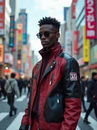 sharp and trendy man in Tokyo wearing a futuristic outfit, Shibuya crossing in the background