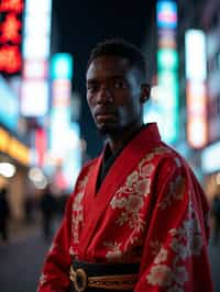 sharp and trendy man in Tokyo wearing a modern take on a traditional kimono, neon lights of the city in the background