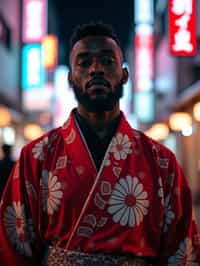 sharp and trendy man in Tokyo wearing a modern take on a traditional kimono, neon lights of the city in the background