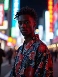 sharp and trendy man in Tokyo wearing a modern take on a traditional kimono, neon lights of the city in the background