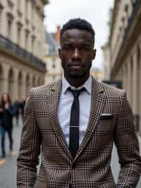 sharp and trendy man in London wearing a checkered suit, Big Ben in the background