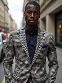 sharp and trendy man in London wearing a checkered suit, Big Ben in the background