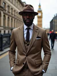 sharp and trendy man in London wearing a checkered suit, Big Ben in the background