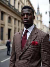 sharp and trendy man in London wearing a checkered suit, Big Ben in the background