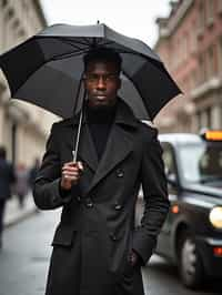 sharp and trendy man in London sporting a trench coat and holding an umbrella, iconic London cab in the background