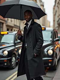 sharp and trendy man in London sporting a trench coat and holding an umbrella, iconic London cab in the background