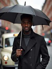 sharp and trendy man in London sporting a trench coat and holding an umbrella, iconic London cab in the background