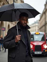 sharp and trendy man in London sporting a trench coat and holding an umbrella, iconic London cab in the background