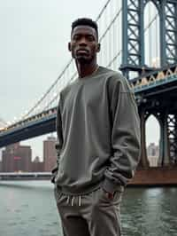 sharp and trendy man in New York City wearing an oversized sweatshirt and high top sneakers, Brooklyn Bridge in the background