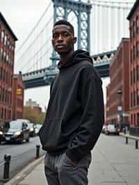 sharp and trendy man in New York City wearing an oversized sweatshirt and high top sneakers, Brooklyn Bridge in the background