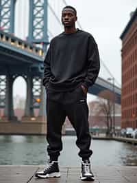 sharp and trendy man in New York City wearing an oversized sweatshirt and high top sneakers, Brooklyn Bridge in the background