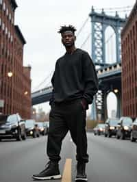 sharp and trendy man in New York City wearing an oversized sweatshirt and high top sneakers, Brooklyn Bridge in the background